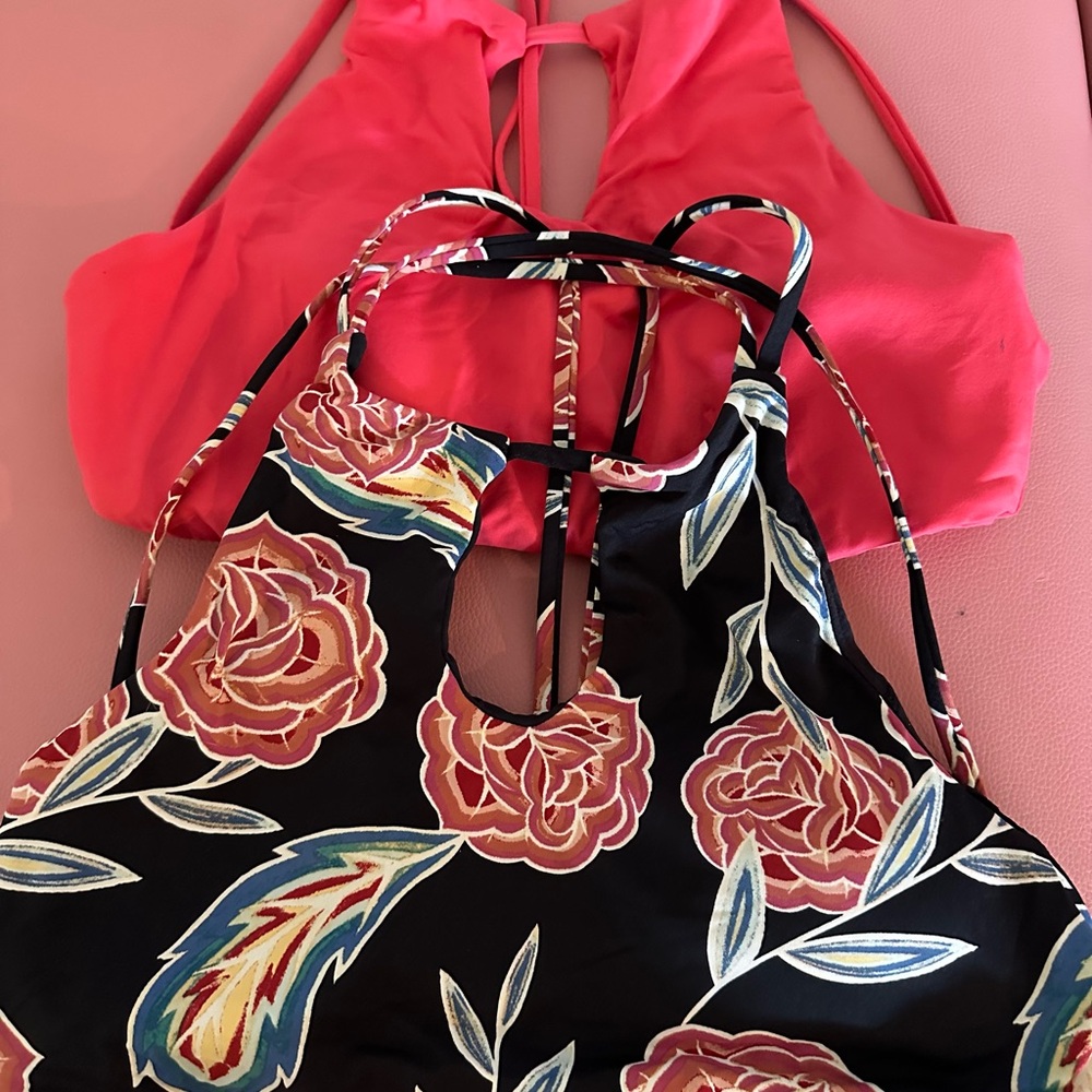 Roxy Black and Floral Roxy Halter Swim Top